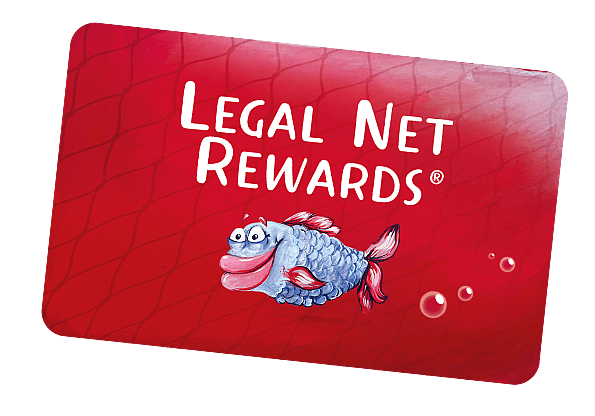 Red Legal Net Rewards loyalty card with Freddie the Fish on the front