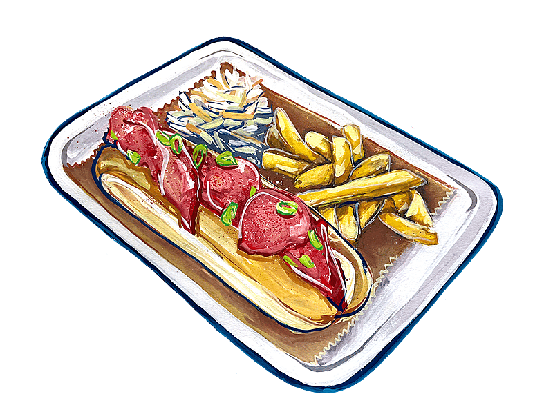 Illustration of a lobster roll plate with fries and coleslaw