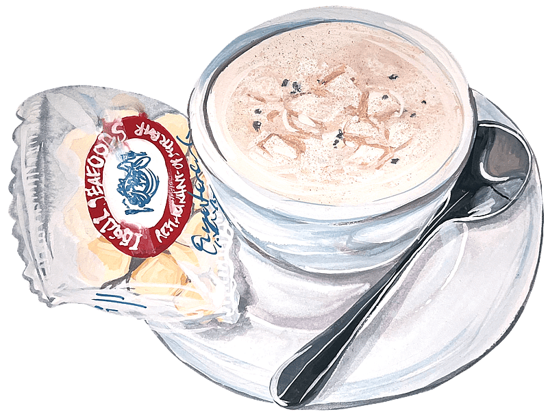Illustration of a cup of clam chowder on a plate with a spoon and a small bag of oyster crackers on the side