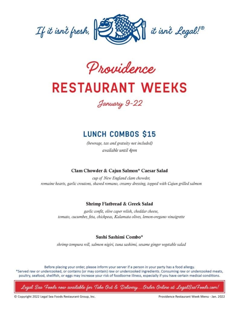 A restaurant menu for Providence Restaurant Weeks, dated January 9-22. Lunch combos are priced at $15 and include a Clam Chowder & Cajun Salmon Caesar Salad, Shrimp Flatbread & Greek Salad, and a Sushi Sashimi Combo with various sushi items.