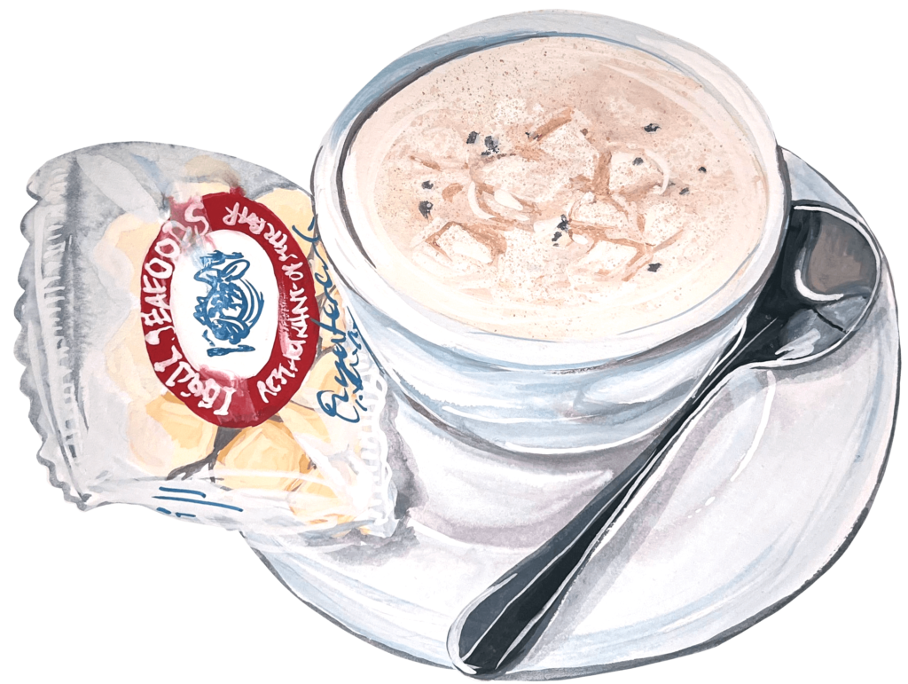 Illustration of a cup of clam chowder on a plate with a spoon and a small bag of oyster crackers on the side