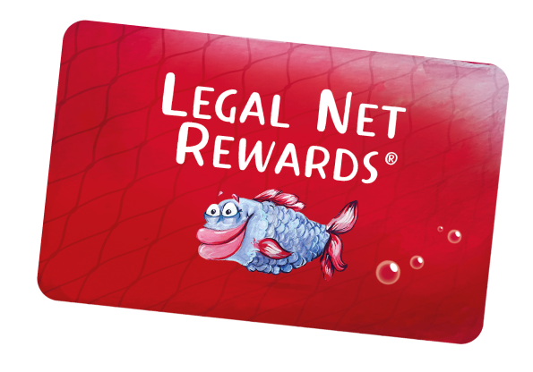 Red Legal Net Rewards loyalty card with Freddie the Fish on the front