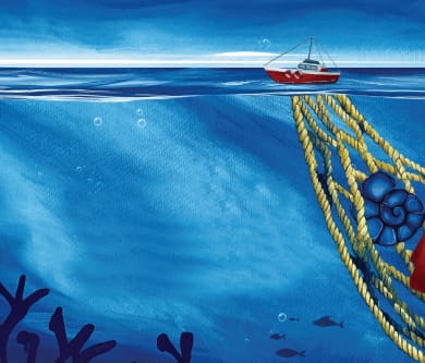 An illustration of a red fishing boat floating on the ocean surface, with a large fishing net extending underwater. Inside the net, there are blue shells. The ocean background is composed of various shades of blue, with some silhouettes of fish and coral.