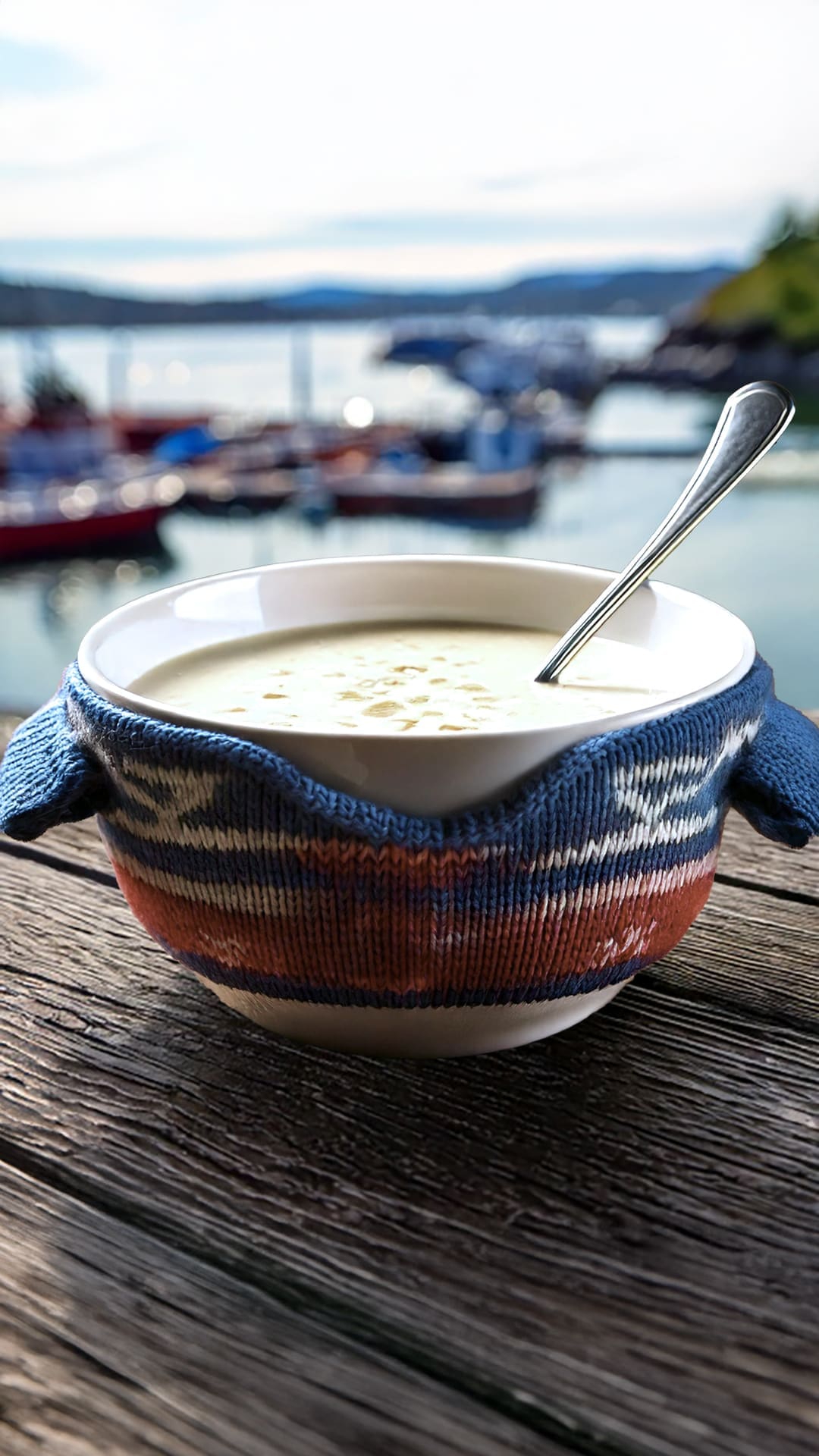 A bowl of creamy soup with a spoon rests on a wooden table. The bowl is wrapped in a cozy knit cover with blue, white, and orange stripes. A blurred view of boats and water is in the background.