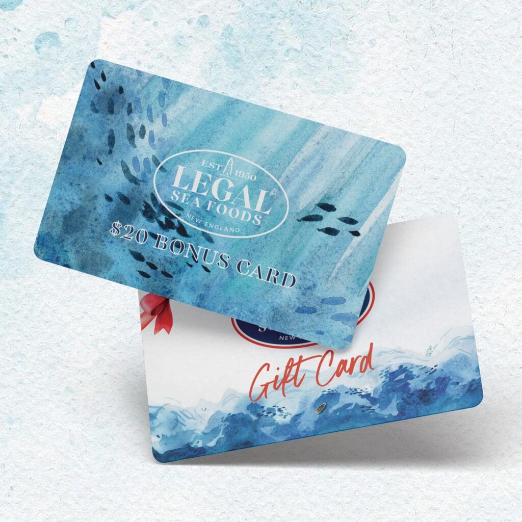 Two overlapping gift cards with a blue ocean theme. The top card says