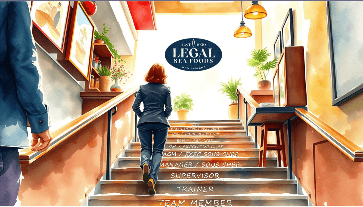 A woman climbs stairs with job titles on each step at a Legal Sea Foods restaurant, symbolizing career progression. Another person stands by the stairs. The setting is bright with plants and modern decor.