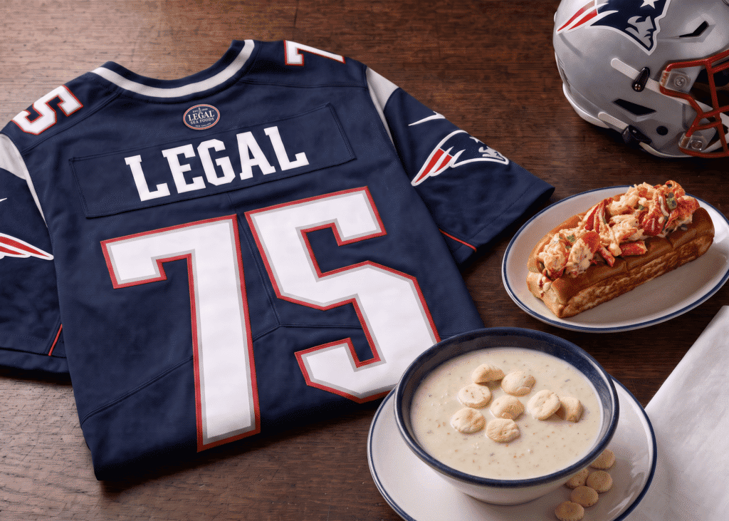 A navy football jersey labeled “LEGAL 75” lies on a table next to a Patriots helmet, a bowl of chowder with oyster crackers, and a lobster roll on a plate.