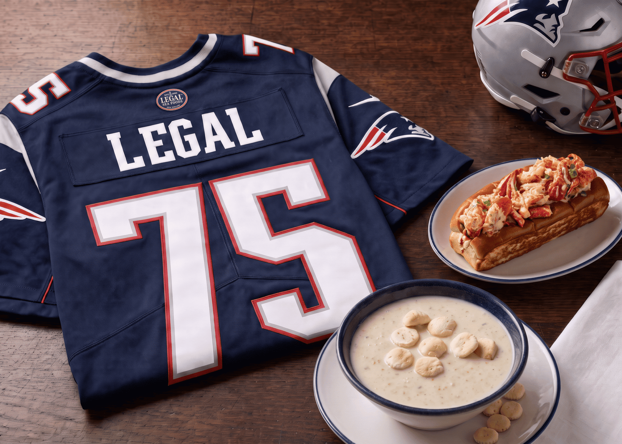 A navy football jersey labeled “LEGAL 75” lies on a table next to a Patriots helmet, a bowl of chowder with oyster crackers, and a lobster roll on a plate.