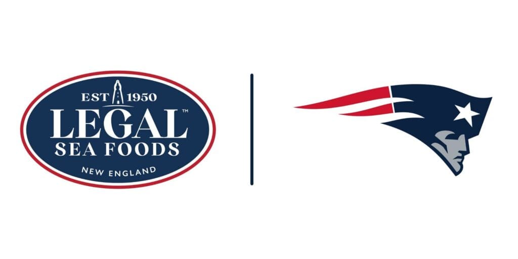 Legal Sea Foods oval logo next to the New England Patriots football team logo, separated by a vertical line, on a white background.