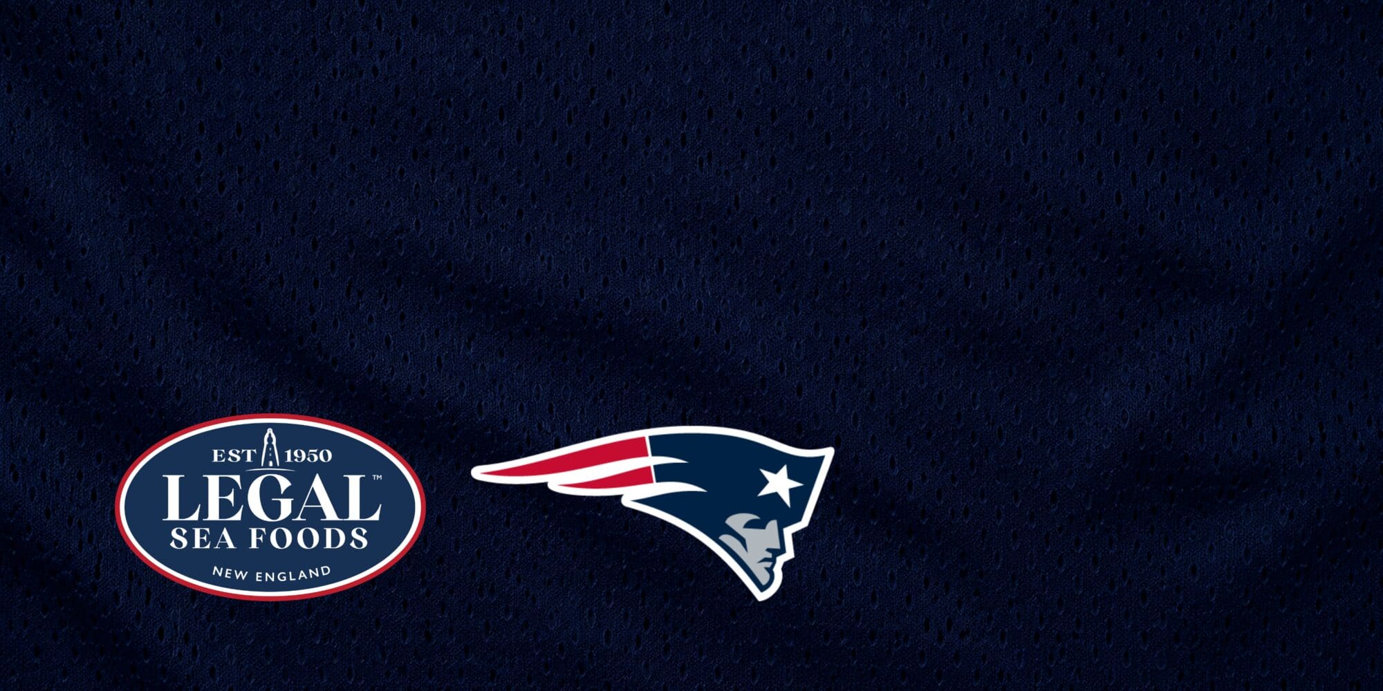 Navy blue sports jersey background with the Legal Sea Foods logo on the left and the New England Patriots logo on the right, perfect for a Patriots watch party at a Boston rooftop.