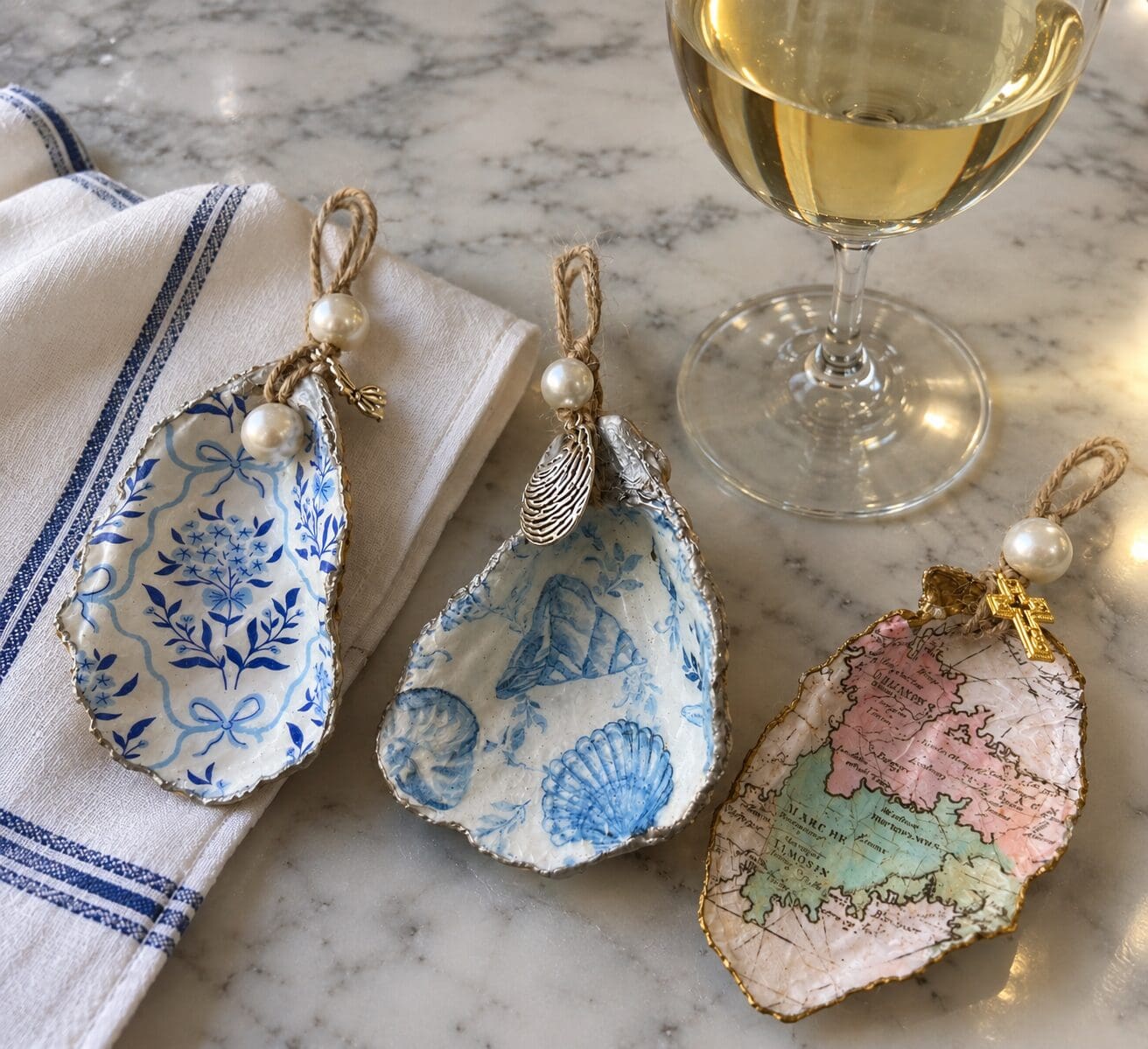 Three decoupage oyster shell ornaments hanging by twine with pearl beads, sitting on a marble surface next to a glass of white wine.